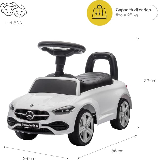 Detalle de Baroni Toys Mercedes Ride-On Macchinina Spingi e Vai per bambini 1-4 anni con luci LED, suoni realistici e ruote antiscivolo