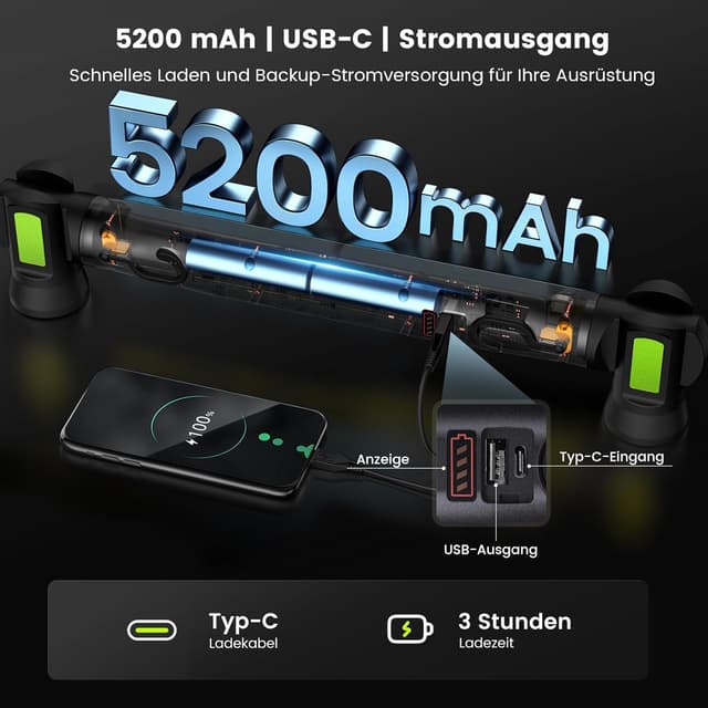 Detalle de Arbeitsleuchte 3000LM – Werkstattlampe LED mit Magnet & Haken, 3 Farbtemperaturmodi, USB‑C Schnellladen (5200 mAh) – Black