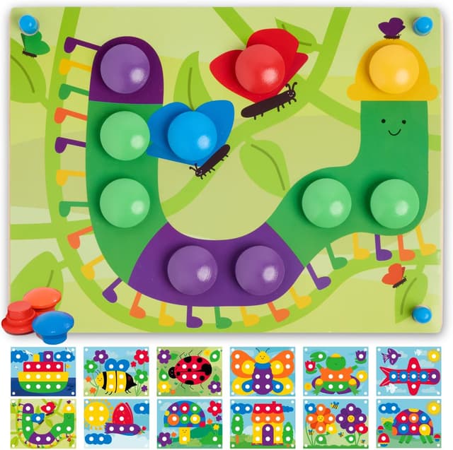 Detalle de Nene Toys Gioco Chiodini: puzzle educativo in legno Montessori con bottoni colorati (2+ anni)