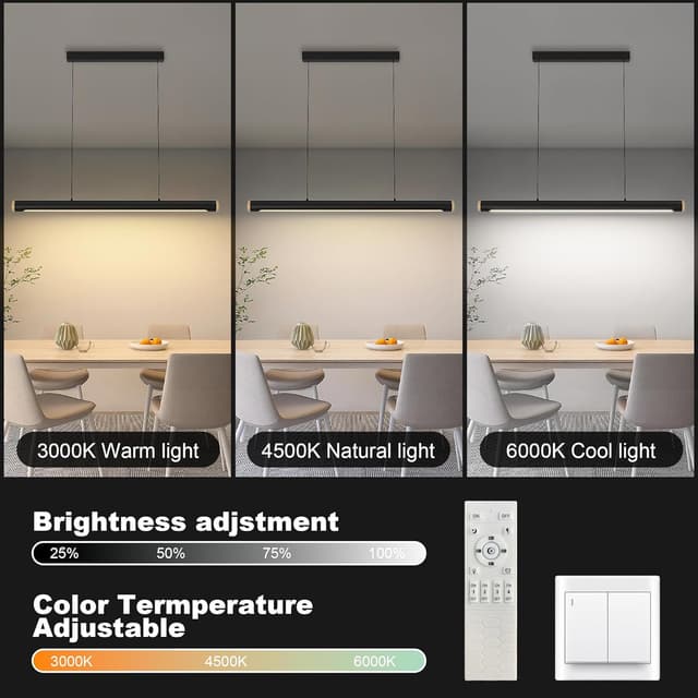 Detalle de FANLG 100 cm Pendelleuchte fürs Esstisch-Set: LED, dimmbar, höhenverstellbar, schwarz inkl. Fernbedienung