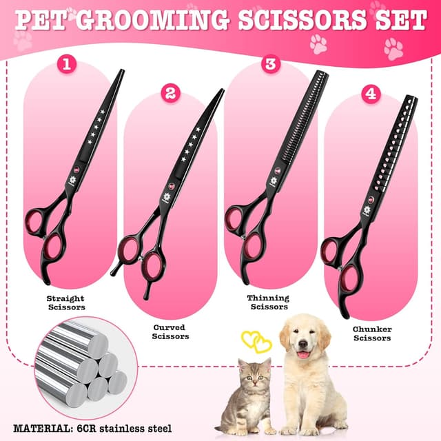 Detalle 2 de Dream Reach 7" Dog Grooming Scissors Kit (6CR stainless steel, 6 in 1 set) – Pink