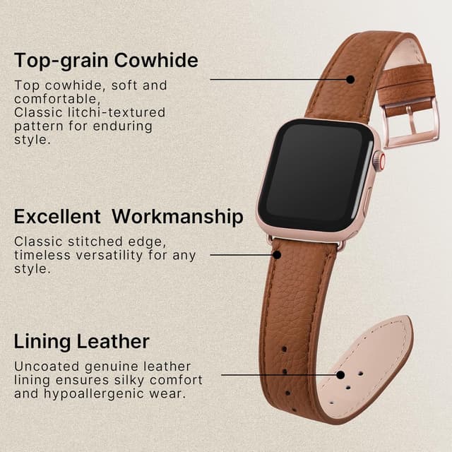 Detalle 2 de Fullmosa bracelet en cuir véritable pour Apple Watch 42/41/40/38 mm (brun + or rose) avec fermoir