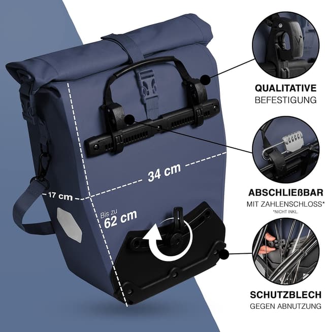 Detalle 2 de Valkental ValkOcean Gepäckträgertasche 28 l – groß, wasserdicht, abschließbar, ohne PVC (mit Reflektoren)