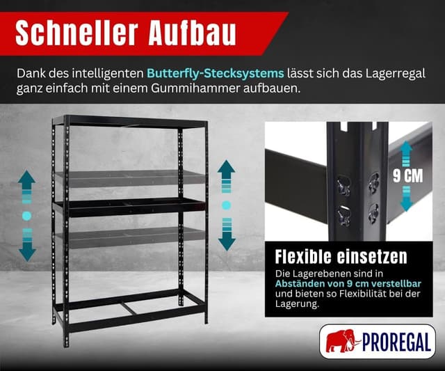 Detalle de PROREGAL Reifenregal Tiger Schwarz (HxBxT 180x130x50 cm) für bis zu 12 Reifen mit Fachboden