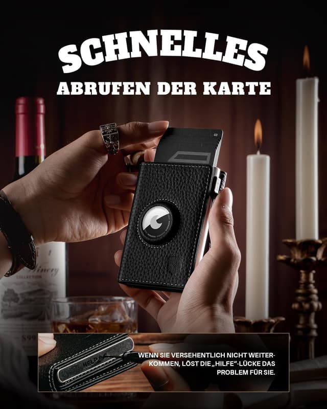 Detalle 2 de DODENSHA Pebble Airtag Wallet mit XL Münzfach – Smart Kartenetui für bis zu 10+ Karten, RFID-Schutz, MagSnap, Schwarz/Silber