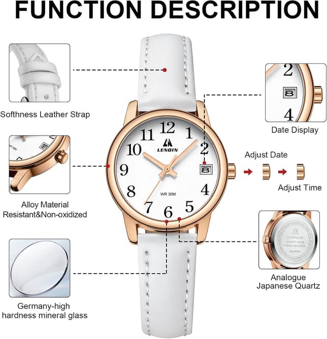 Thumbnail 6 de LN LENQIN Ladies Analog Quartz Watch with Leather Strap (Waterproof, 3 ATM)