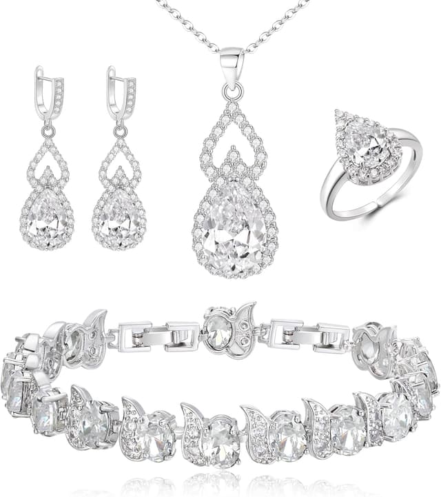 Thumbnail 6 de Parure bijoux de mariage Clearine en argent goutte d’eau, zirconia cubiques (4 pièces) : collier, boucles, bracelet et anneau réglable