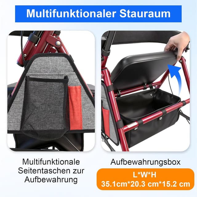 Detalle 2 de Matinal Leichte faltbarer Rollator mit Sitz (Tragkraft 160 kg) – Hybridrahmen aus Aluminium & Kohlenstoffstahl, rot
