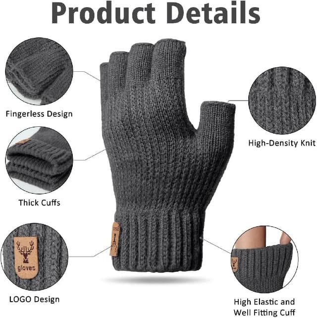 Detalle de Kfnire Mitaines hiver homme (2 paires) demi-doigts chaudes et douces pour conduite, cyclisme et extérieur