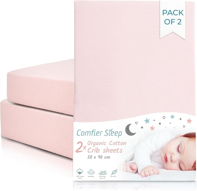 Detalle de Crib Sheets 50x90cm Organic Cotton 2-Pack in Pink (Cozee Bedside Crib Fitted Sheets)