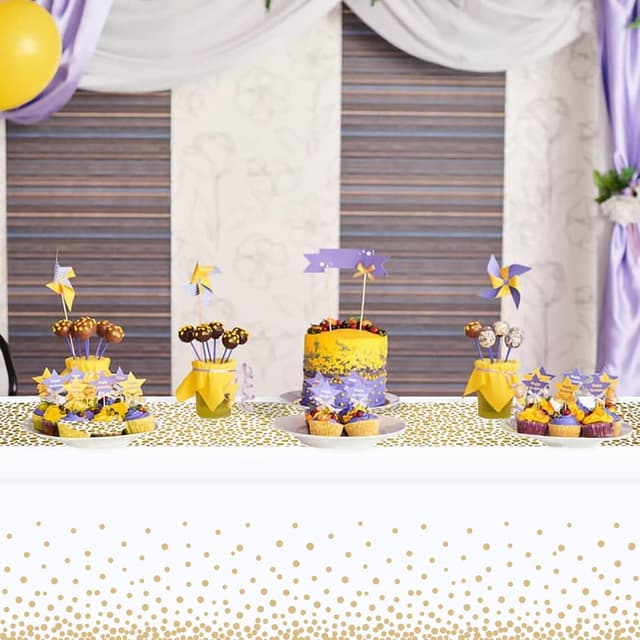 Detalle 2 de MOKANI Einweg Tischdecke (4 Stück), wasserdichtes PEVA-Rechtecktischtuch in Gold – 137 x 274 cm