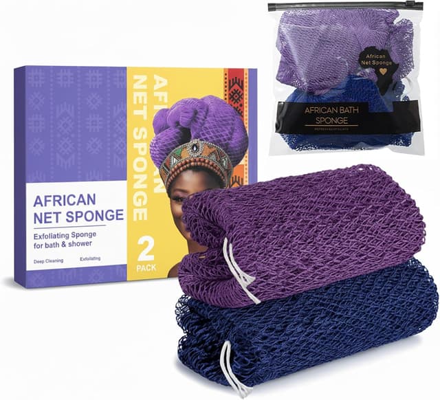 Detalle de Lanjue African Bath Sponge Exfoliating Net (2 Pack) – Stretchable nylon body sponge for shower & travel
