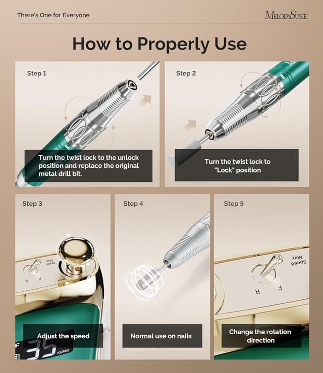 Detalle 2 de MelodySusie MB450C : ponceuse électrique à ongles sans fil portable avec 6 embouts