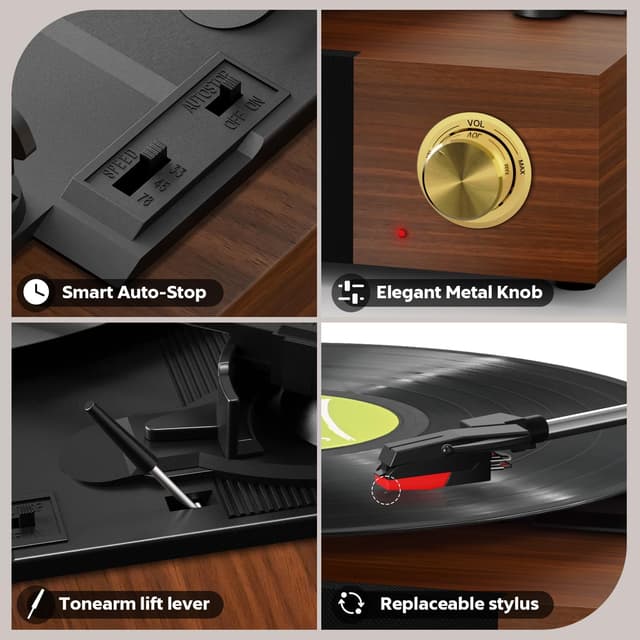 Detalle 2 de FYDEE Platine vinyle Bluetooth rétro avec haut-parleurs stéréo intégrés et sortie RCA