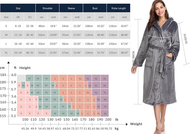 Detalle de Vlazom Peignoir polaire femme à capuche en flanelle (polyester) – robe de chambre chaude et douce