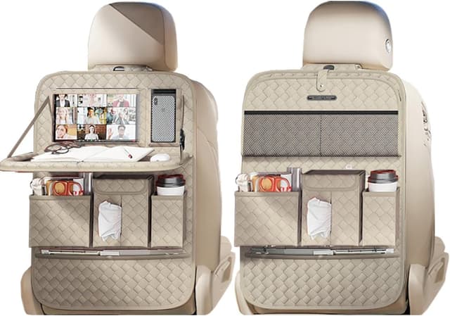 Detalle de XDV Car Seat Organizers (Woven Beige, 2 Pcs) with Back Seat Protectors, Storage Pouches & Fold-Down Tray