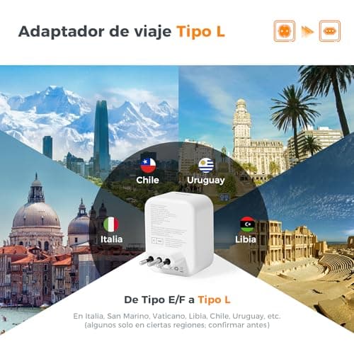 Detalle de TESSAN adaptador enchufe italiano a España con 3 USB tipo L (2500 W) en blanco