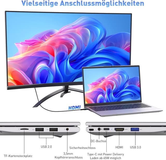 Detalle 2 de Auusda Laptop 15,6 Zoll (16 GB RAM, 512 GB SSD) mit Fingerabdrucksensor für Schule & Büro