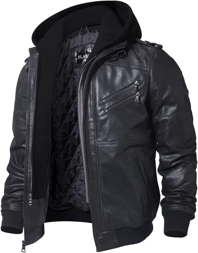 Detalle 2 de FLAVOR Blouson homme en cuir véritable avec capuche amovible