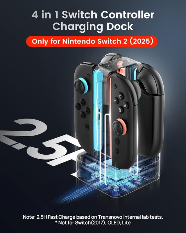 Detalle de TRANSNOVO Charging Dock for Nintendo Switch 2 (4-Slot) with RGB Lights and 8 Game Card Storage