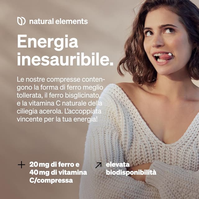 Detalle de natural elements Integratore Ferro con 40mg Vitamina C (da bisglicinato ferroso) – 240 compresse vegane