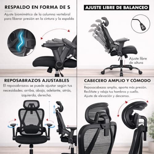 Detalle 2 de Silla de oficina ergonómica T-LOVENDO.ES con soporte lumbar ajustable, malla transpirable y reposacabezas