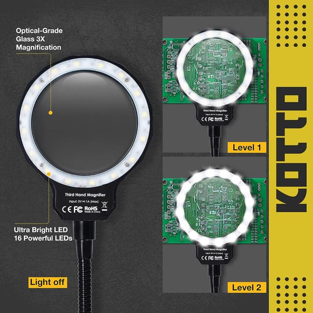 Detalle de Fstop Labs Kotto : loupe LED éclairée et troisième main pour soudure PCB, avec base lestée anti-dérapante