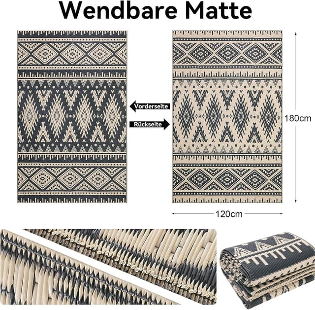 Detalle 2 de Homaxy Outdoor Teppich wetterfest, faltbar & wendbar (120 x 180 cm) in Schwarz & Beige