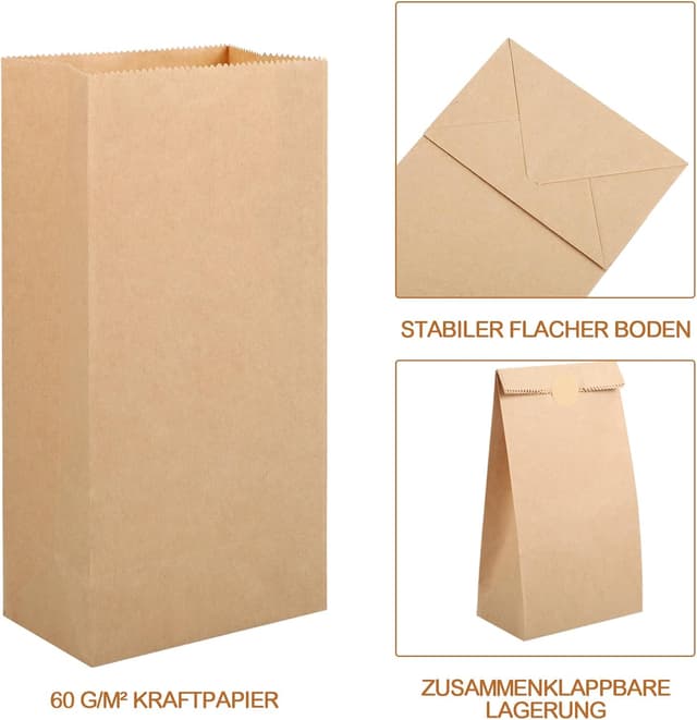 Detalle de 200 kleine Papiertüten aus Kraftpapier (18 x 9 x 5,5 cm) inkl. runder Aufkleber für Hochzeit, Ramadan, Geburtstag & mehr