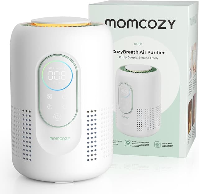 Detalle de momcozy Purificatore d’aria per cameretta con HEPA H13 e carbone attivo, monitor PM2.5 in tempo reale e luce notturna dimmerabile