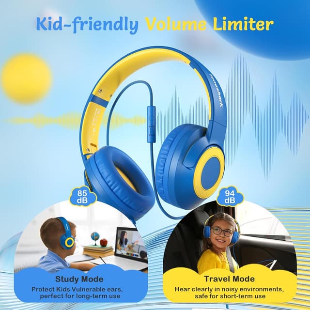 Detalle de TONOSHARK Kids Wired Over-Ear Headphones with Microphone (Volume Limited to 85/94 dB) + Foldable Case