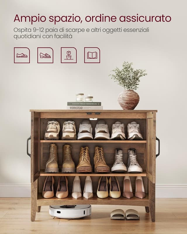 Detalle de VASAGLE Mobiletto Porta Scarpe a 3 livelli LBC038B01, scarpiera con ripiano regolabile e manici