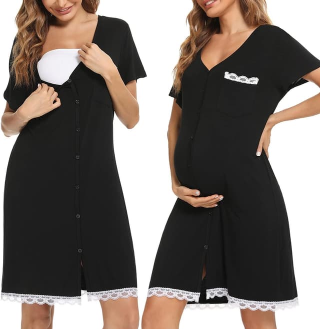 Detalle de Chemise de nuit d’allaitement maternité en coton (95%) Uniexcosm, col en V, manches courtes, devant ouvert