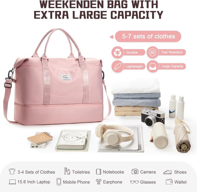 Detalle de N3-Rosa Groß Reisetasche Damen Handgepäck Weekender Bag mit Schuhfach, Nassfach und Trolley-Hülle (50 l)