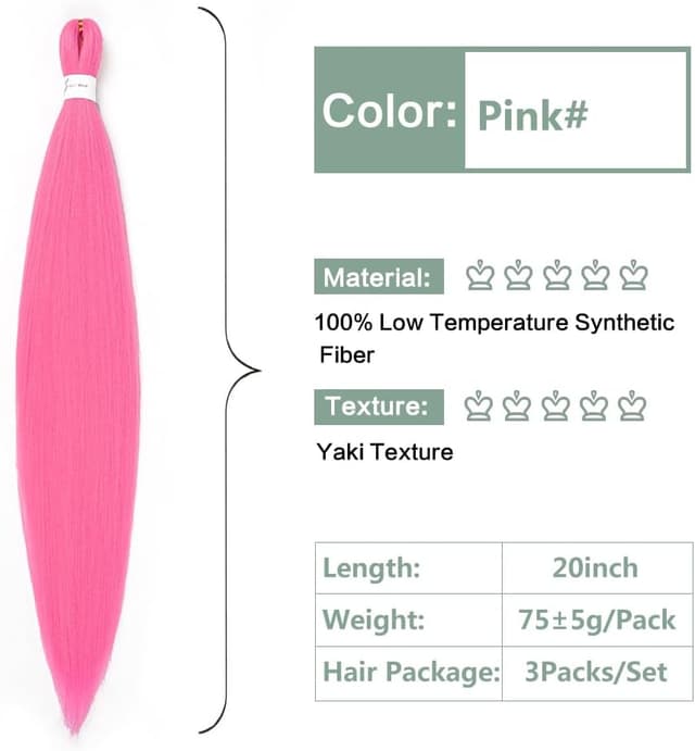 Detalle 2 de Extension per trecce pre-tese YDDM Capelli per Treccine Africane, rosa (20 pollici, 3 pack) con accessori