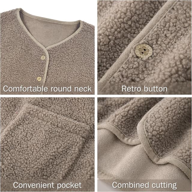 Detalle 2 de beifon Teddy Fleece Weste Damen – ärmellose Plüschweste mit V-Ausschnitt und Knöpfen für Herbst/Winter