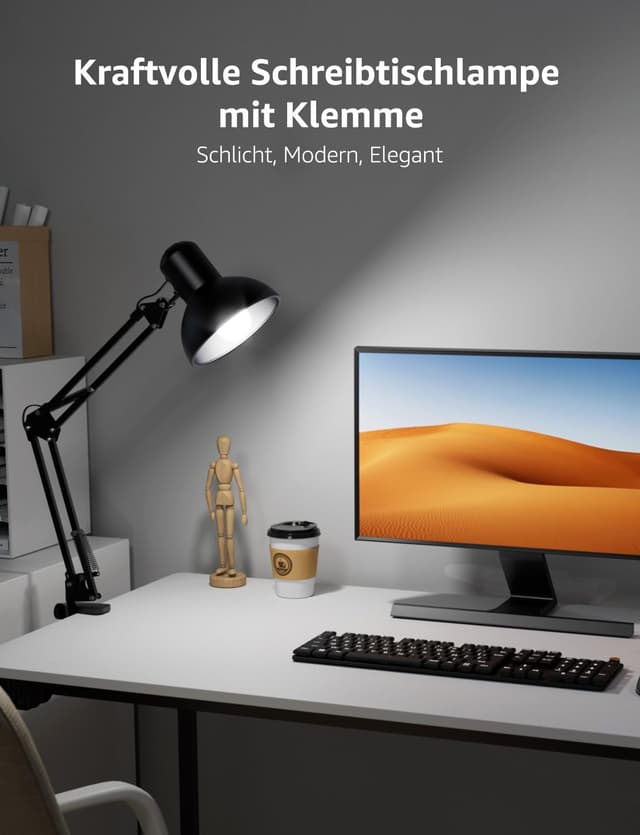 Detalle 2 de Lepro Retro-Schreibtischlampe mit Klemme, E27 (HxBxT 38 x 15 x 27 cm), schwenkbar und verstellbar in Schwarz