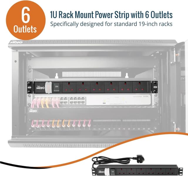 Detalle 2 de Tecmojo 6 Way 19” Rack Mount PDU (13A switched) with surge protection