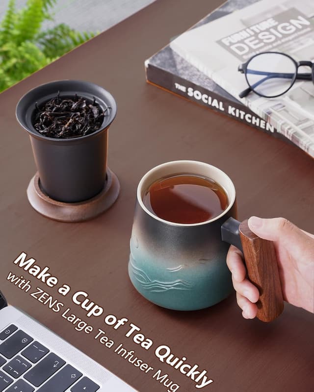 Thumbnail 6 de ZENS Embossed Ceramic Tea Mug with Infuser and Lid (14.5 oz) — Wood Handle & Loose-Leaf Steeper