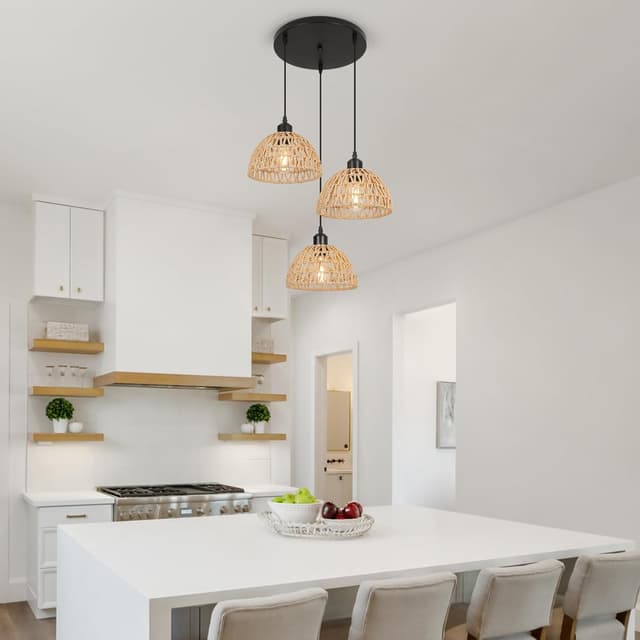 Detalle 2 de FORCOSO Rattan Pendelleuchte 3-flammig, 21 cm