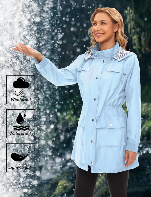Detalle de Bloggerlove Women’s Lightweight Rain Jacket Waterproof Hooded Raincoat (Striped Trench Style)