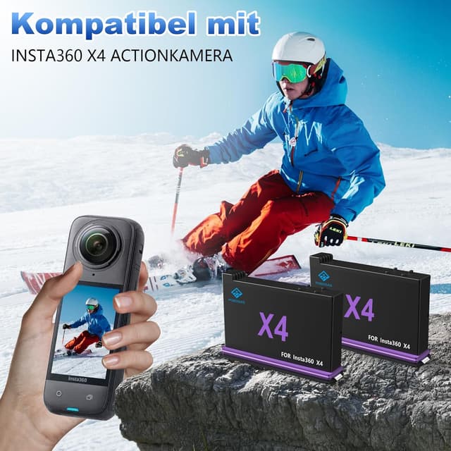 Detalle de POEOSAS 360 X4 Akku für Insta360 X4 – 2er-Set 2500 mAh + 3-Kanal USB‑C Schnellladegerät