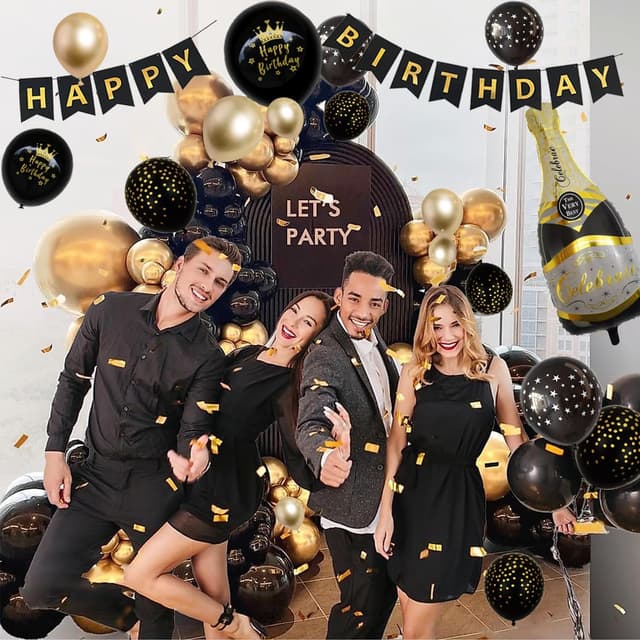 Detalle de Schwarz-Gold Geburtstagsdeko Party Set mit Happy Birthday Banner, Ballons, Pompons und Lametta