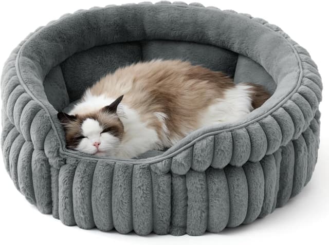 Detalle de Bedsure Cat Bed Washable Kitten Bed, 58x58cm Grey Round Semi-Enclosed Corduroy Fleece