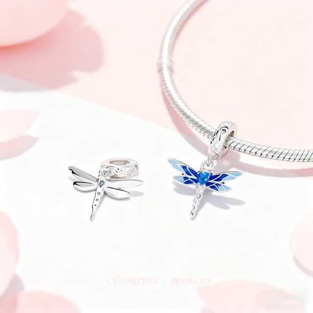 Detalle 2 de LMLMECREA Charm-Anhänger aus 925 Sterlingsilber mit blauem Libellen-Motiv für europäische Armbänder