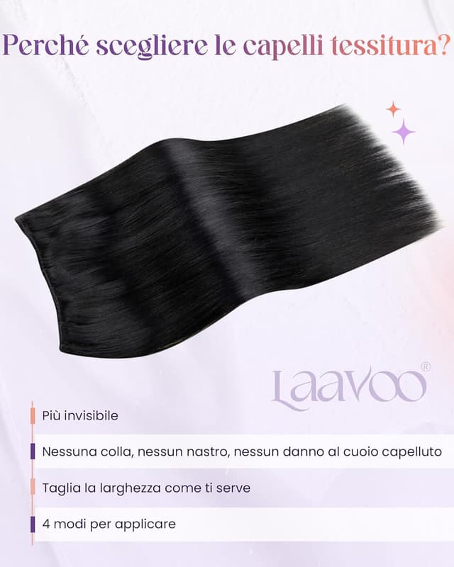 Detalle 2 de LaaVoo Extension Capelli Veri in Tessitura Tessitura Nero Jet 60 cm 120 g (matassa Remy, Weft)