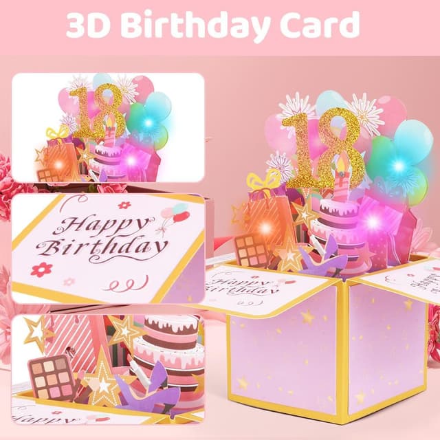 Detalle de Carte d’anniversaire 18 ans OFFCUP pop-up 3D musicale avec bougie à souffler et enveloppe (rose)