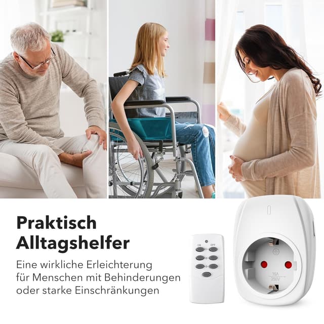 Detalle 1 de HBN 4x Funksteckdosen-Set mit 1 Fernbedienung (16 A / 3.680 W) und 30 m Reichweite – Weiß