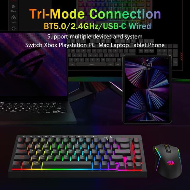 Detalle de Redragon Wireless Gaming Keyboard (Tri-Mode Bluetooth/2.4GHz/USB-C) – 60% Mini RGB Macro Keyboard