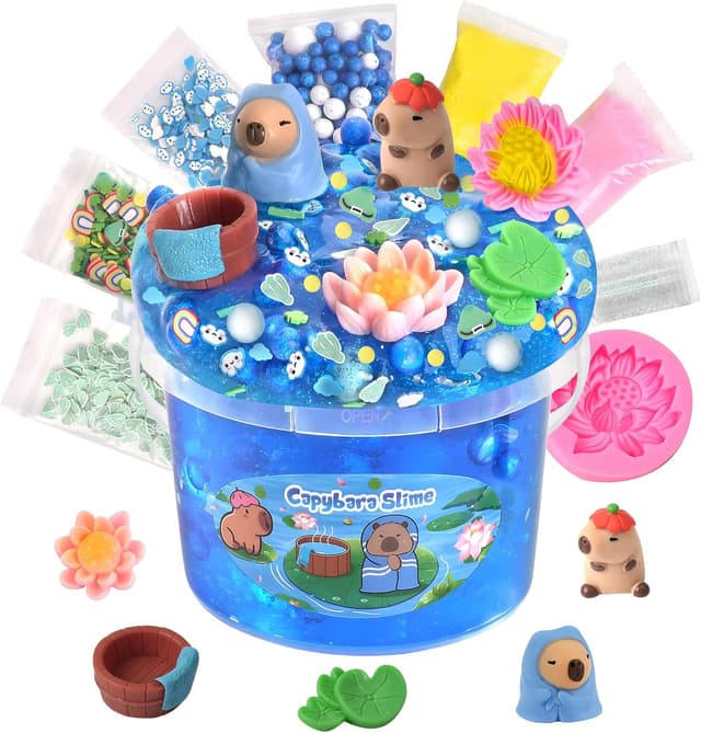 Detalle de Joytry Capybara Slime Kit (10oz) with 8 Mix-Ins and Clay, Clear Non-Sticky Kids Slime Bucket for Ages 8–12